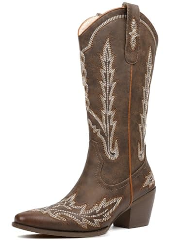 Red RONILURN Women's Cowboy Boot Mid Calf Embroidered Pointed Toe Pull-On Boot — Brown Mid Calf