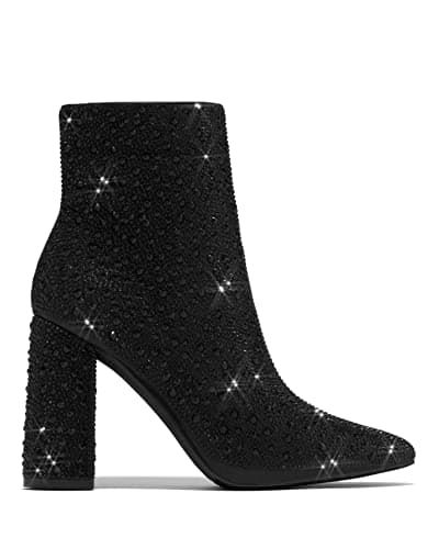 PAZZLE Women's Rhinestone Block Heel Short Knee High Booties Runway-01 — Black/Black