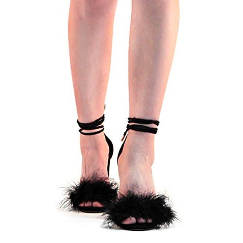 Richealnana Women's Fuzzy Cozy Strappy Feather Heeled Sandals