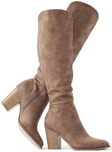 Putu Women's Knee High Faux Leather Pointed Toe Western Heel Boots — Leather-brown