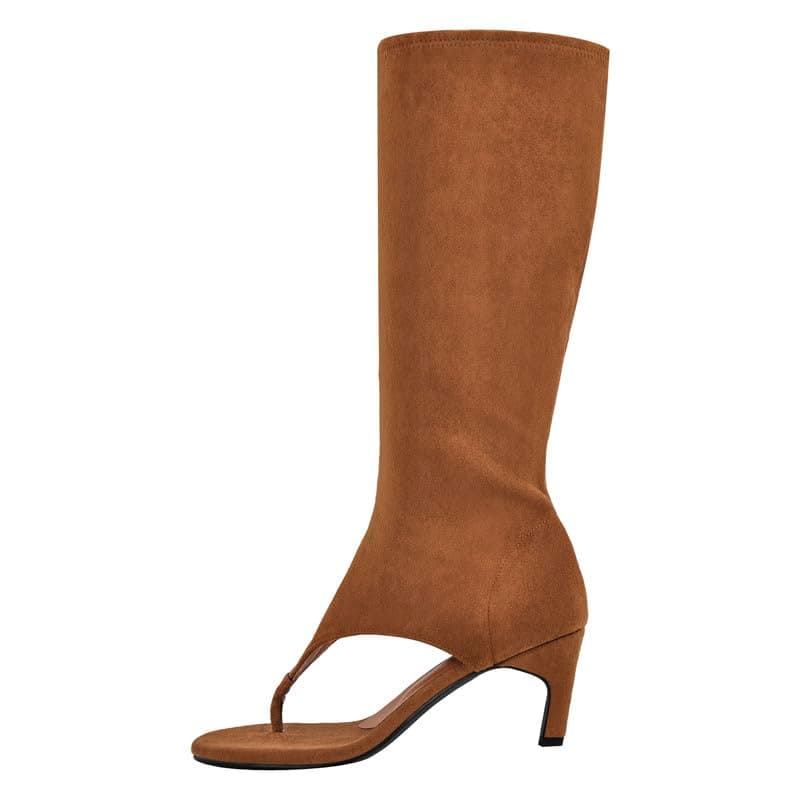 Sexytag Women's Open Toe Knee High Kitten Heel Thong Sandals — Brown