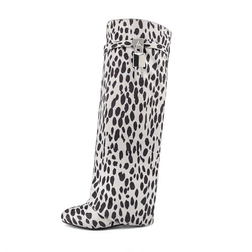 Black Heeled PadLock Pant Knee High Boots - Fold Over Wedge Booties — Cow Print