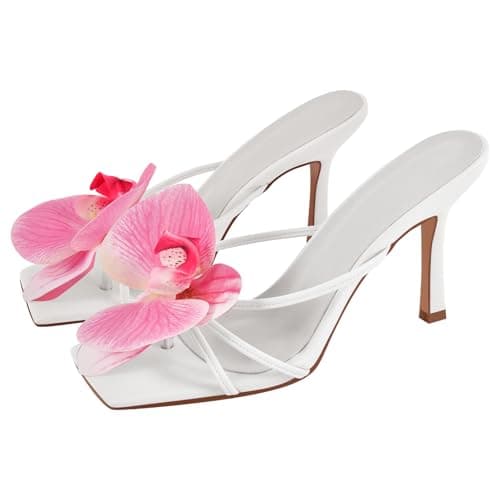 Richealnana Women's Clear Square Toe Stiletto Heel Slip-On Mules — White-flower