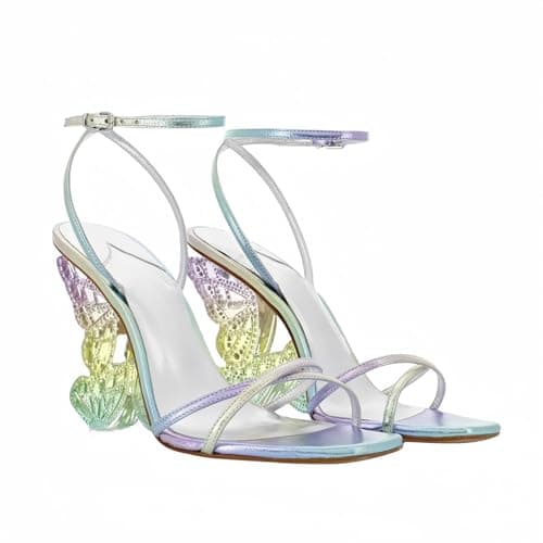 Longwenxuan Open Pointed Ankle Strap Rhinestone Heels for Women — Rainbow