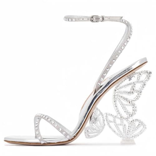 Longwenxuan Open Pointed Ankle Strap Rhinestone Heels for Women