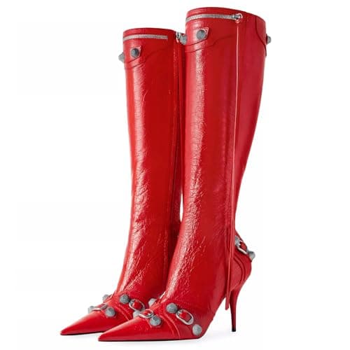 Oiamenne Women's Fashion Knee High Zipper Stiletto Heel Boots — Red
