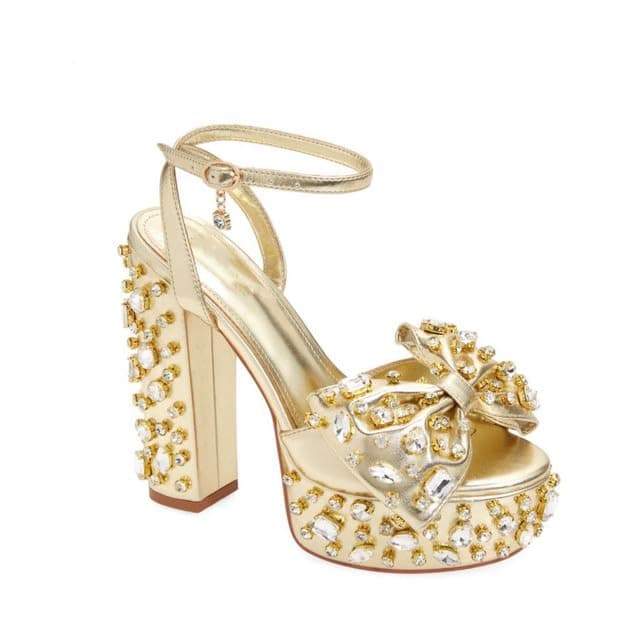 Richealnana Women's Sparkle Bow Platform Sandals with Rhinestones Anklet Straps