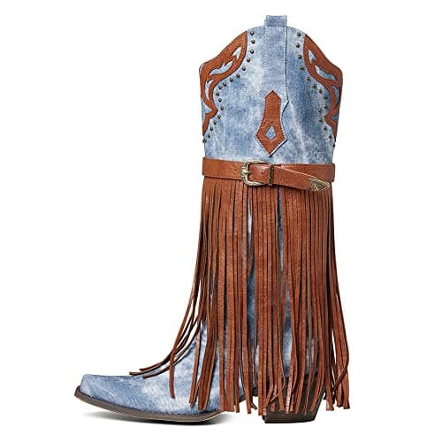 SaraIris Women's Fashion Pointed Toe Western Bootie, 2.75" Heel, Embroidered Fringe, Mid Calf Boots