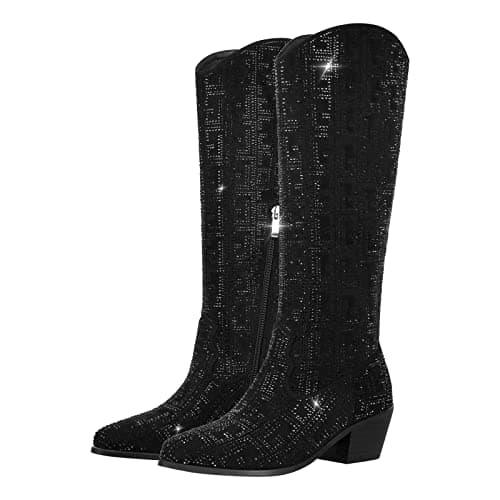 Richealnana Women's Rhinestone Zipper Block Heel Boots