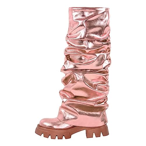 Richealnini Women's Metallic Knee High Pull-On Slouch Heels — Pink