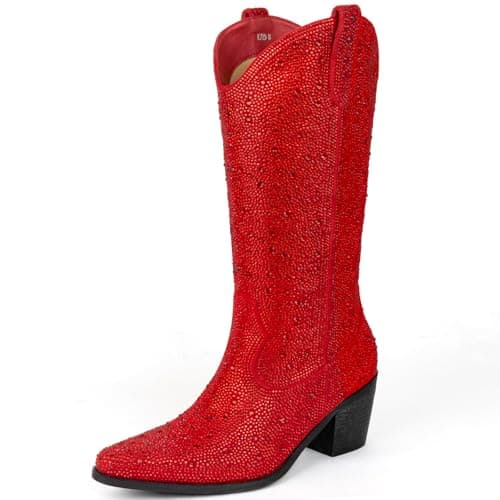 MissMiller Women's Sparkly Rhinestone Mid-Calf Cowboy Boots with Pull-On Tabs — Red