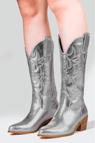 Ouepiano Women's Western Embroidered Booties, Mid Calf Pointed Toe Chunky Heel Pull-On Boots