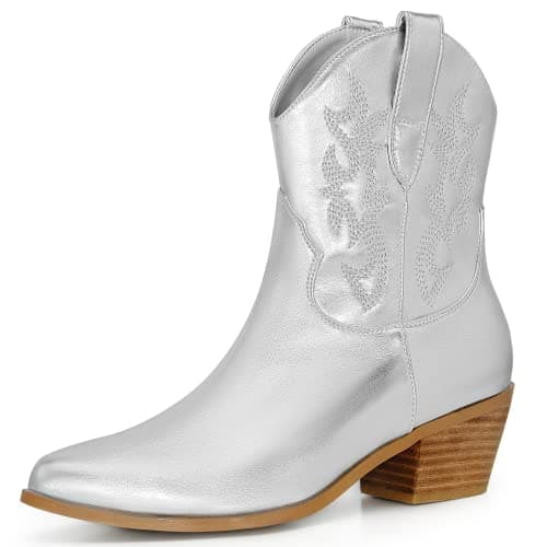 Ouepiano Women's Western Embroidered Booties, Mid Calf Pointed Toe Chunky Heel Pull-On Boots — Silver-short