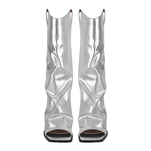 Richealnana Women's Calf High Fold Over Cowboy Boots Jeans Open Square Toe Breathable Pull-On