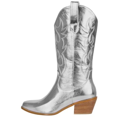 Ouepiano Women's Western Embroidered Booties, Mid Calf Pointed Toe Chunky Heel Pull-On Boots — Metallic Silver