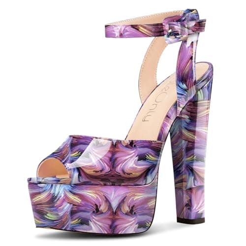 NobleOnly Women's High Block Platform Prom Heels Ankle Strap Sandals 5.9" Heels — Purple Vortex