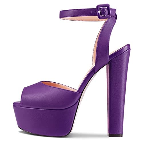 NobleOnly Women's High Block Platform Prom Heels Ankle Strap Sandals 5.9" Heels — Purple a