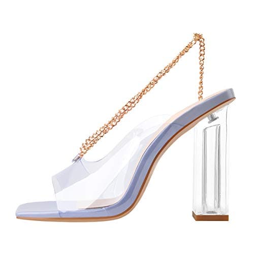 Richealnana Women's Square Toe Clear Block Heel Chain Sandals — Blue