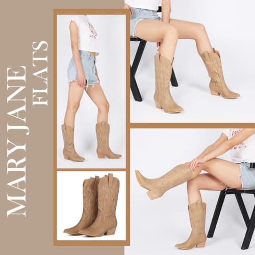 FemFlame Women's Pointed Toe Mid Calf Cowboy Boots