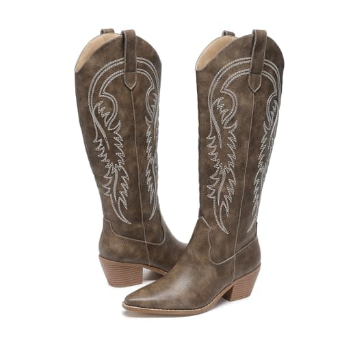 Amoji Women's Western Cowboy Knee High Boots with Zipper 307 — 307-brown