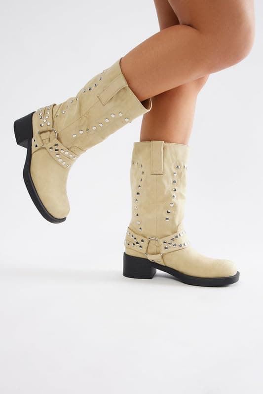Richealnana Women's Studded Faux Suede Moto Boots