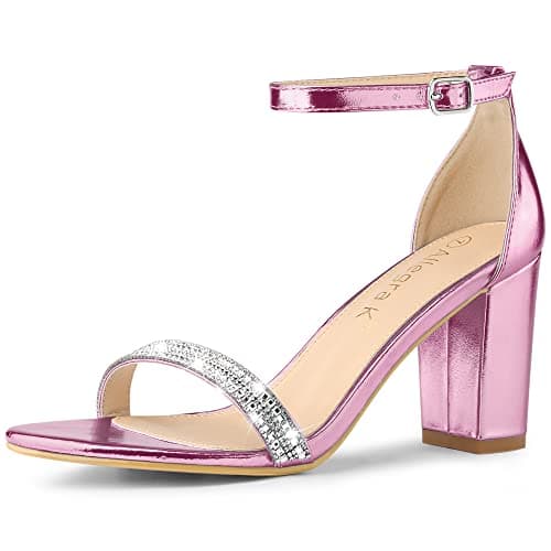 Allegra K Women's Rhinestone Ankle Strap Chunky Heels — Pink