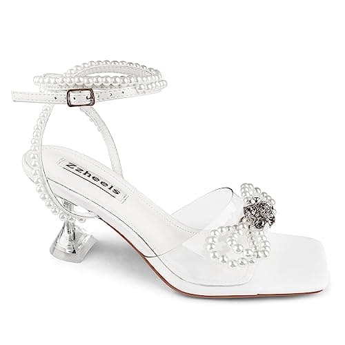Zzheels Clear Crystal Double Bowknot Slingback Heels for Party and Weddings — 2.76“pearl