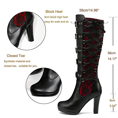 KysBloes Women's Goth Lace Knee High Boots with Buckle Heel
