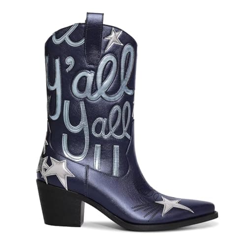 HOCHFART Women's Mid-Calf Metallic Cowboy BootsFashion Embroidery Pull-On
