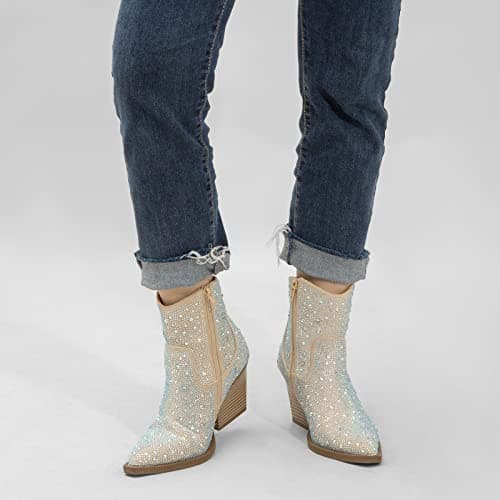 MaxMuxun Women's Sparkly Rhinestone Cowboy Boots Heel Booties