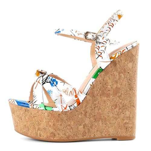 YODEKS Women's Platform Wedge Sandals-Ankle Strap Heel — Multi-color Graffiti White