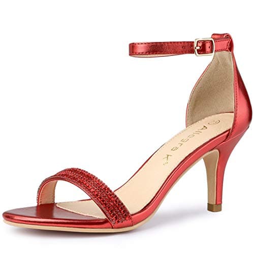 Allegra K Women's Rhinestone Ankle Strap Stiletto Heel Sandals — Red