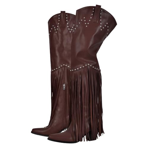 Richealnini Fringe Thigh High Zip-Up Western Boots — Burgundy