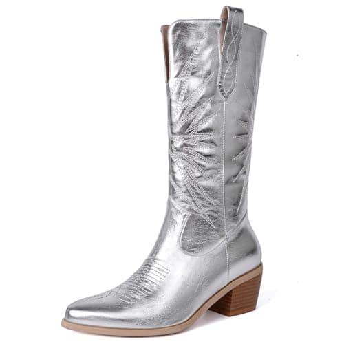 Metallic Embroidered Cowboy Boots for Women | Mid Calf Heel Pull-On