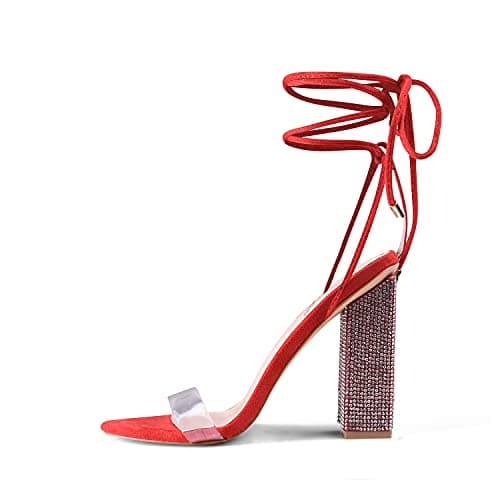 Genshuo Women's Strappy Rhinestone Chunky Heel Open Toe Party Wedding Shoes — Red