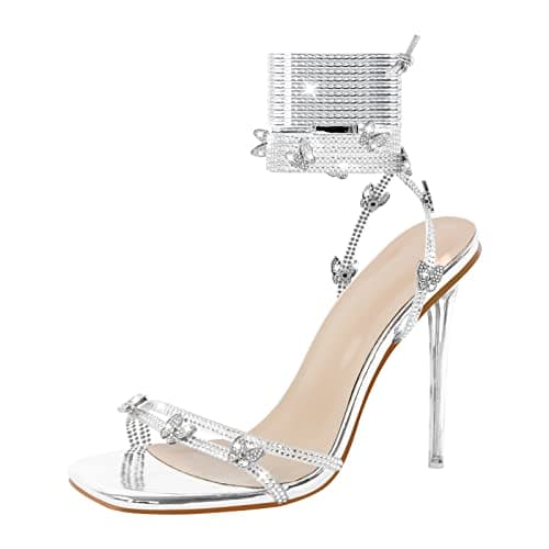 LISHAN Women's Rhinestone Studded Gladiator Lace-Up Clear High Heels — Faux Patent Leather Silver