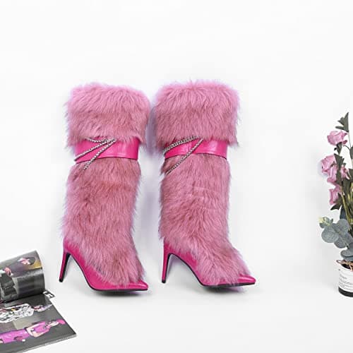 Ouwilov Pink Fluffy Knee-High Boots for Women Warm Winter Fashion