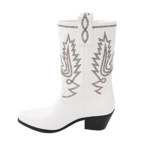 Women's Rhinestone Mid Calf Cowboy Boots — White