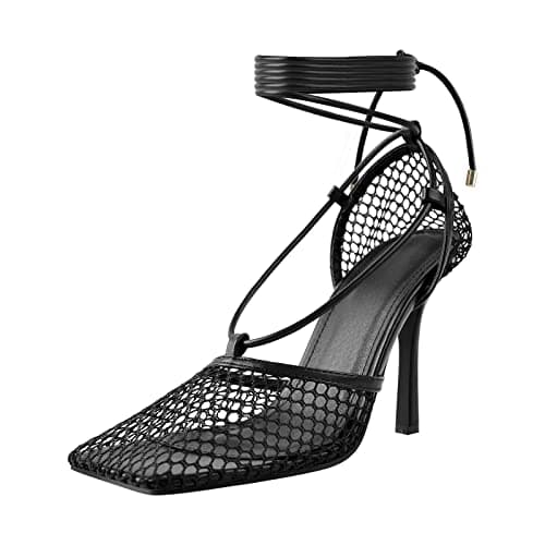 Richealnana Women's Square Toe Mesh Strappy Lace-Up Sandals — Black