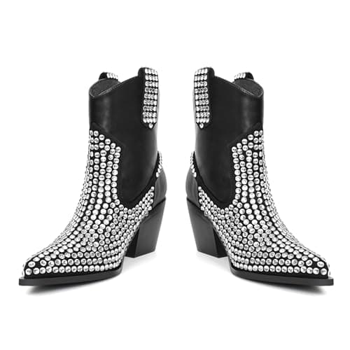 Gioanroca Rhinestone Cowboy Ankle Boots for Women Glitter Party Shoes