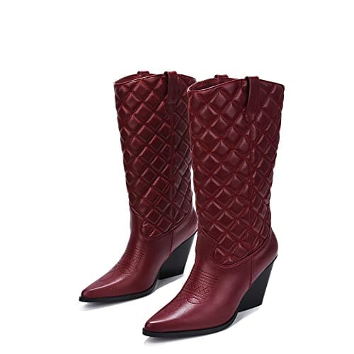 Simple Pointed Toe Block Heel Cowboy Boots — Burgundy