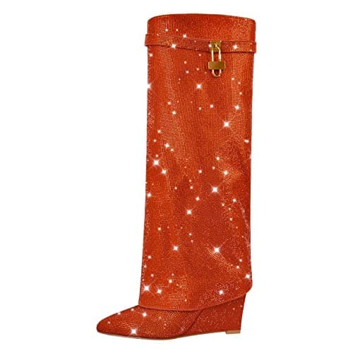 Richealnana Women's Rhinestone Wedge Knee-High Boots — Red