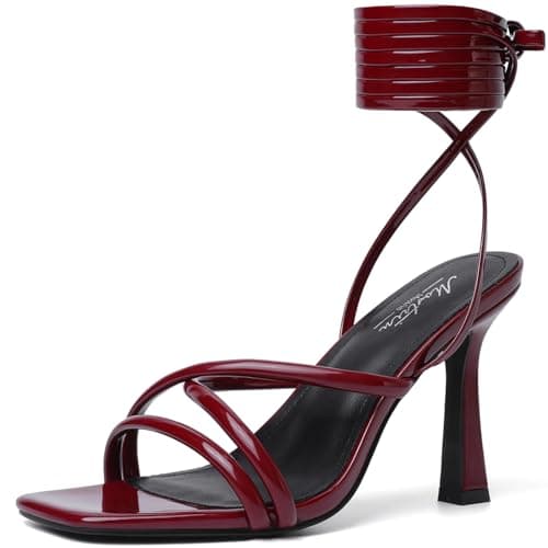 Mostrin Women's Strappy Heels Lace Up Square Toe High Heeled Sandals for Prom, Party & Daily Wear — Burgundy