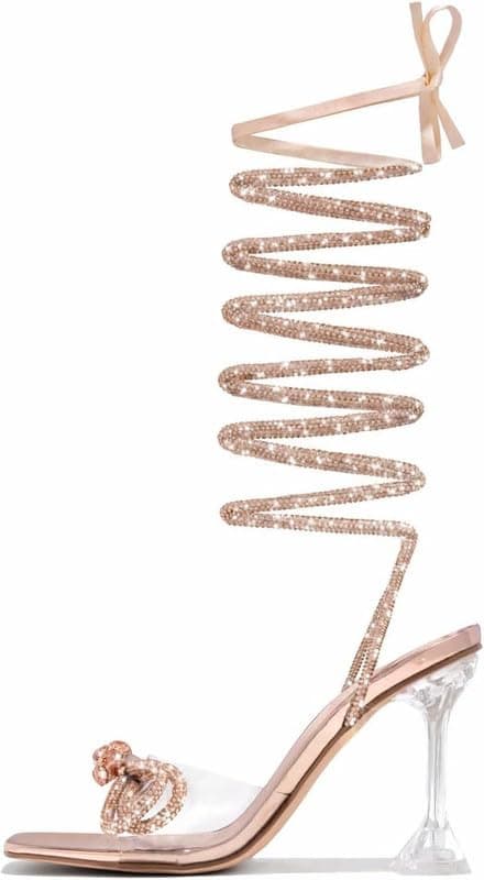Sexytag Diamante Bow Rhinestone Stiletto Heels Lace Up Sandals — Gold