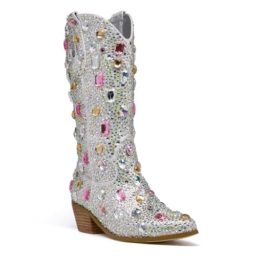 KEEISEA Women's Sparkle Rhinestone Cowboy Boots Wide Glitter Fashion Party — Gems Silver