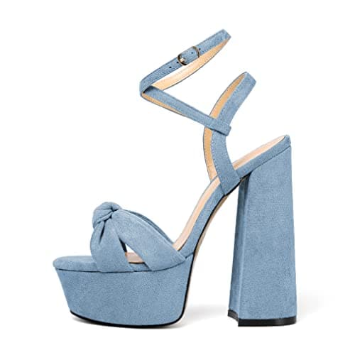 YODEKS Women's Peep Toe Ankle Strap Animal Print Sandals — Suede Light-blue
