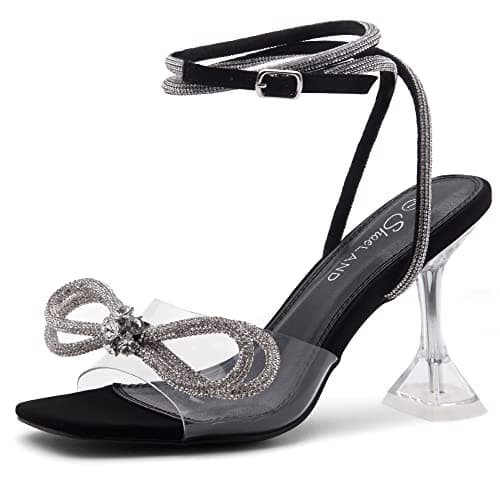 Shoe Land SL-NAOMI Women's Crystal Clear Slingback Heels with Square Open Toe — Clearblack