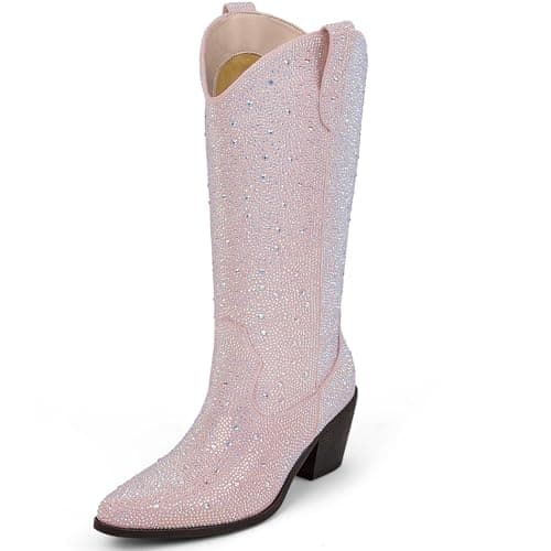 MissMiller Women's Sparkly Rhinestone Mid-Calf Cowboy Boots with Pull-On Tabs — Pink Ab