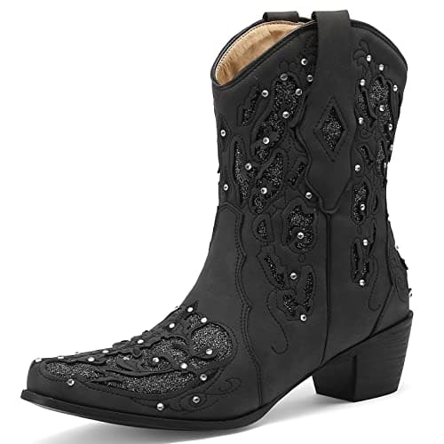 KiutSymo Sparkly Vintage Embroidered Cowgirl Boots Mid Calf Heel Wedding Western — Black1