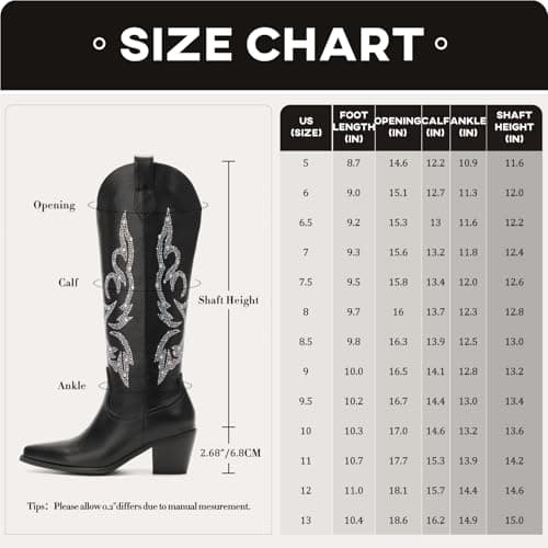 Platikly Women's Wide Calf Rhinestone Knee High western Boots with Glitter Zipper